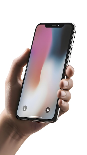 白い背景に隔離された空白な画面の現代的なスマートフォンを握っている男性の手