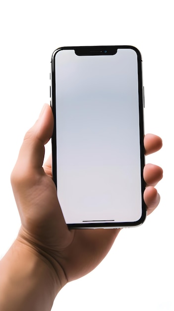 Male hand holding a smartphone with a blank screen isolated on white background