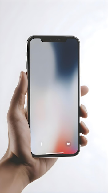 Free PSD male hand holding a smartphone with a white screen on a light background