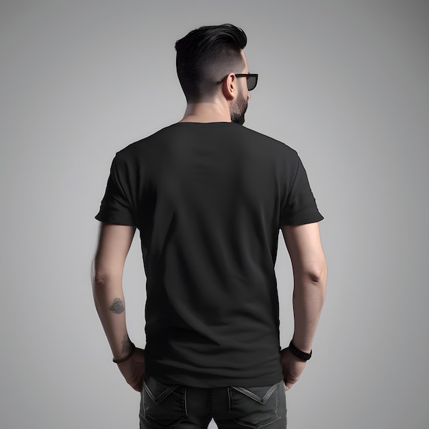회색 바탕에 검은 티셔츠와 선글라스를 입은 남자 모크업