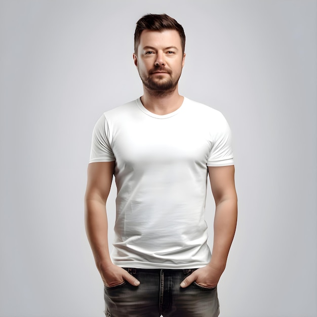 Man in blank white t shirt studio shot over grey background