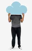 Free PSD man holding a blue cloud symbol