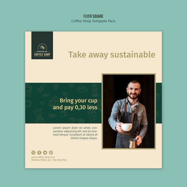 Free PSD man holding cup of coffee square flyer template