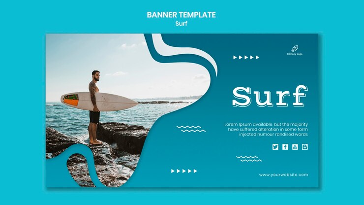 Free PSD man holding a surfboard banner