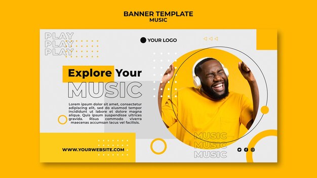 Man listening music banner web template