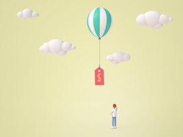 man standing and looking at a sale tag hanging with a balloon isolated background
