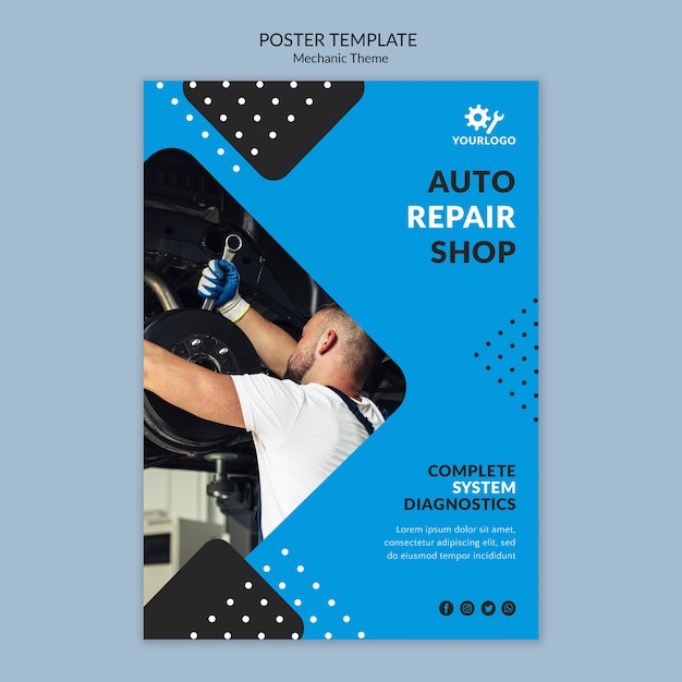 Free PSD man wearing gloves mechanic flyer template