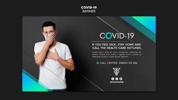 Free PSD man wearing medical mask banner template