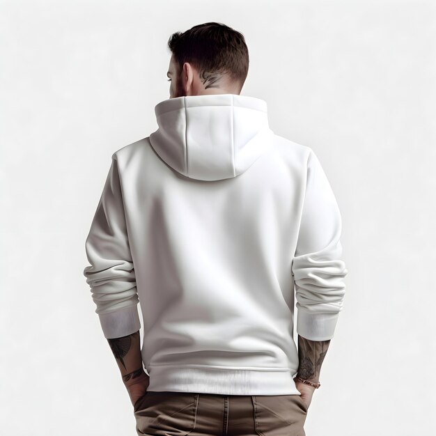 Man in white hoodie on a white background Back view