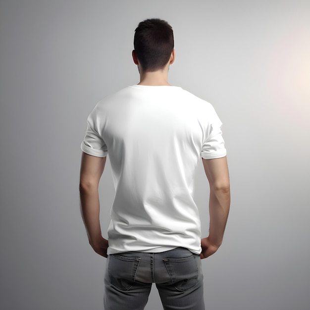 Man in White T-Shirt on Gray Background Back View