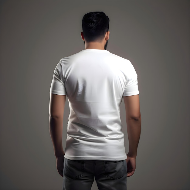 Free PSD man in white t shirt on grey background back view mock up