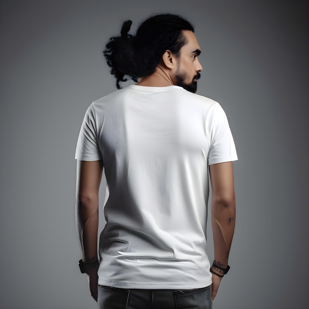 Free PSD man in white t shirt on grey background mock up for design