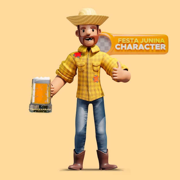 Free PSD man with beer in hand 3d illustration