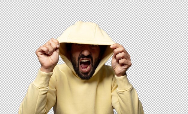 a man with a hood on his head is wearing a hoodie