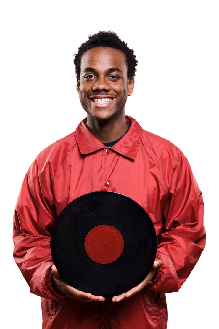 Free PSD man with vinyl disc listening to music