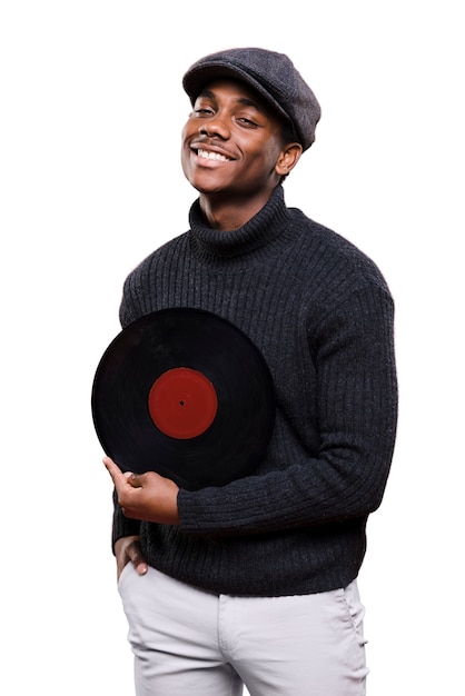 Free PSD man with vinyl disc listening to music