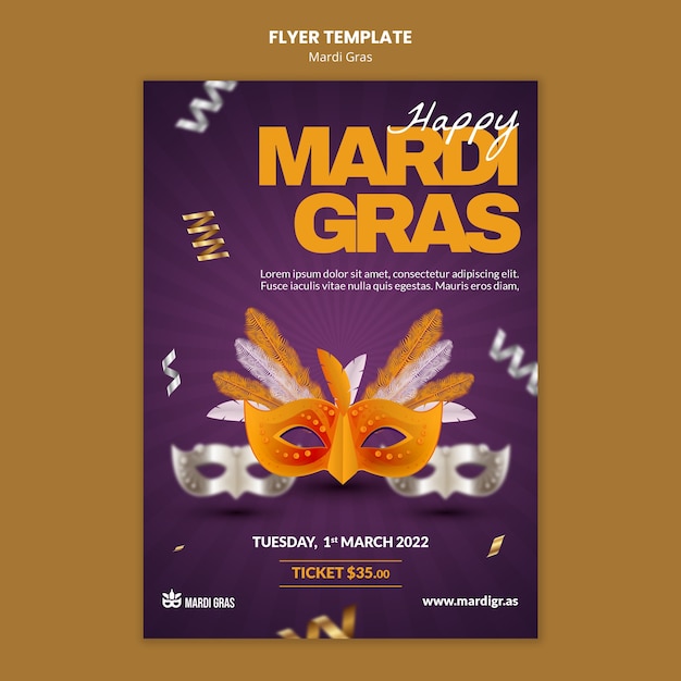 Free PSD mardi gras celebration flyer with mask
