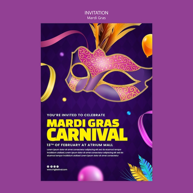 PSD gratuito modello di invito per la celebrazione del mardi gras