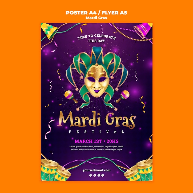 PSD gratuito modello di poster per la celebrazione del mardi gras