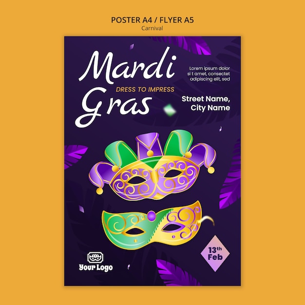 Free PSD mardi gras celebration  poster template