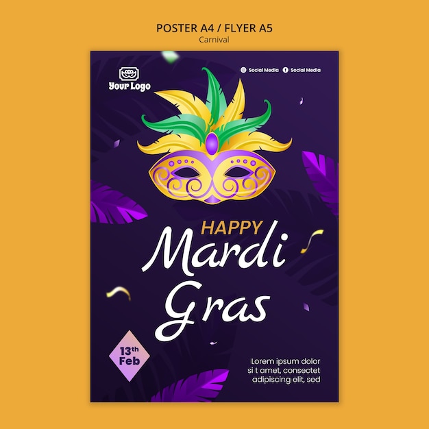 PSD gratuito modello di poster per la celebrazione del mardi gras