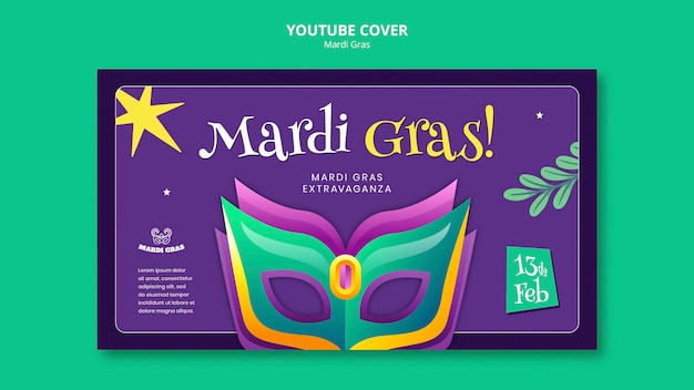 PSD gratuito modello di copertina di youtube per la celebrazione del mardi gras