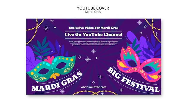 PSD gratuito modello di copertina di youtube per la celebrazione del mardi gras
