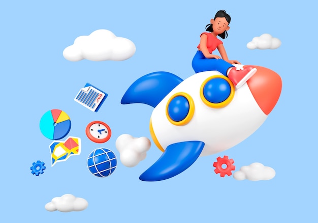 Free PSD marketing concept with woman on rocketship