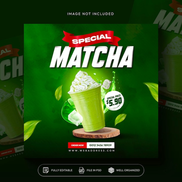 Продвижение меню напитков matcha в социальных сетях, шаблон баннера и пост в instagram