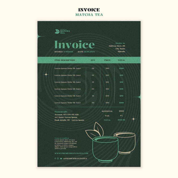 Free PSD matcha tea drink invoice template