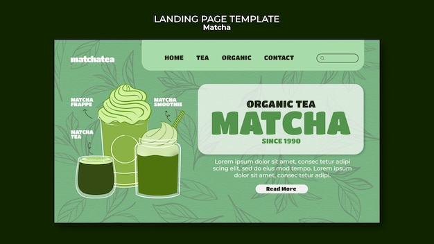 PSD gratuito modello di pagina di destinazione per bevande al tè matcha.