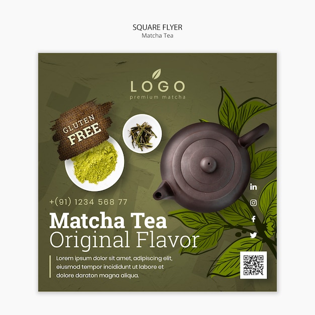 Free PSD matcha tea square flyer template with photo