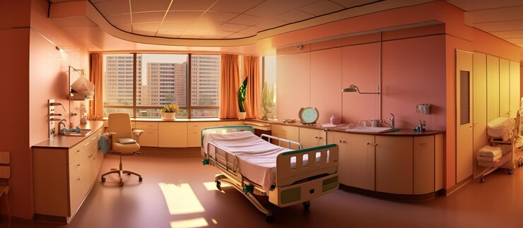 Free PSD maternity room in hospital and empty cribs generative ai