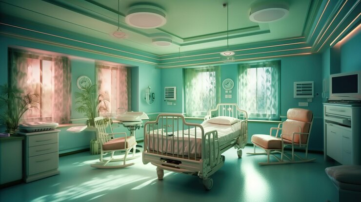 Free PSD maternity room in hospital and empty cribs generative ai
