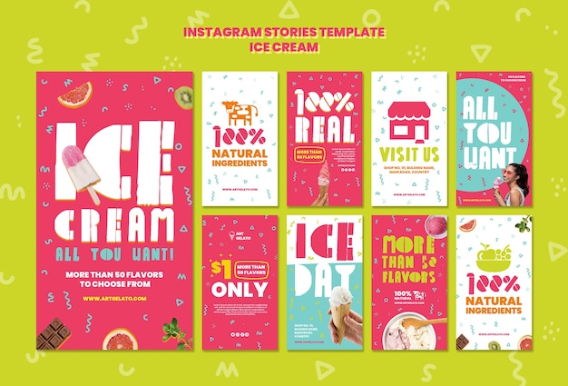 Storie di instagram di gelati in stile massimalismo