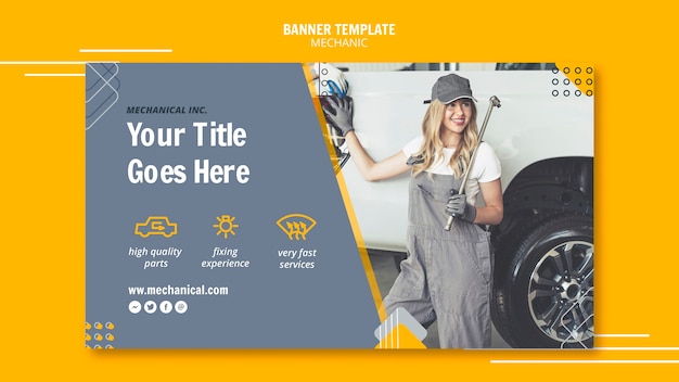 Mechanic assistance with woman worker banner template