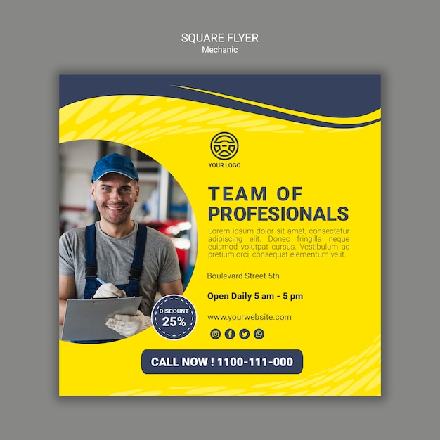 Mechanic square flyer template with photo