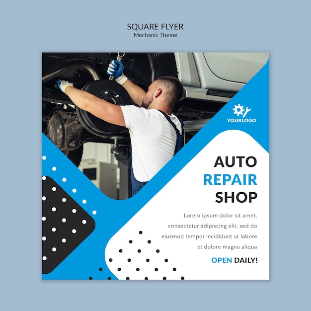 Free PSD mechanic worker in showroom square flyer