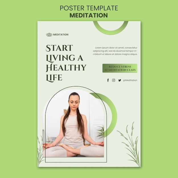 Modello di poster verticale di mediazione con donna che fa yoga