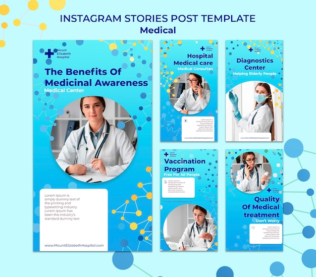 Бесплатный PSD Коллекция историй instagram медицинского центра