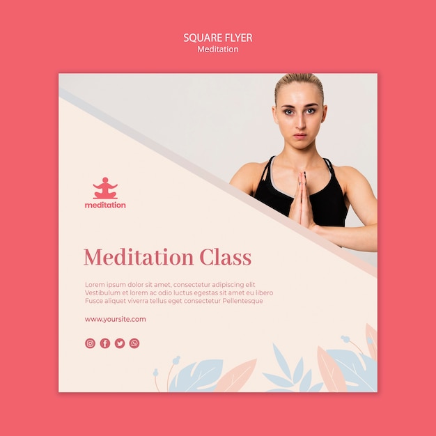 Free PSD meditation classes flyer with photo of woman exercising