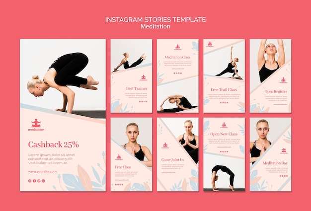 PSD gratuito raccolta di modelli di storie di instagram per lezioni di meditazione