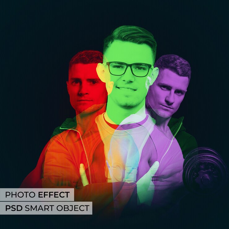 Free PSD medium shot man posing triple color effect
