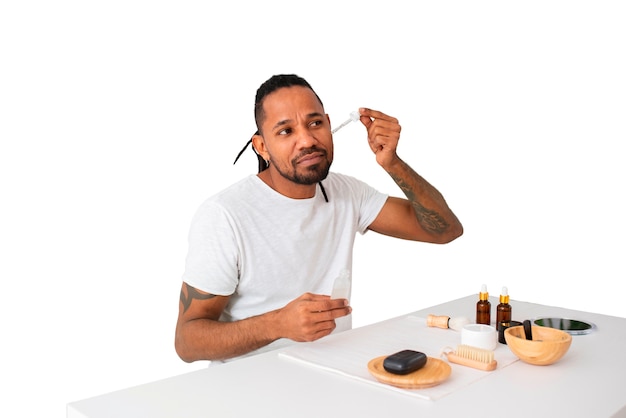 medium shot man with selfcare products