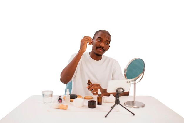 medium shot man with selfcare products
