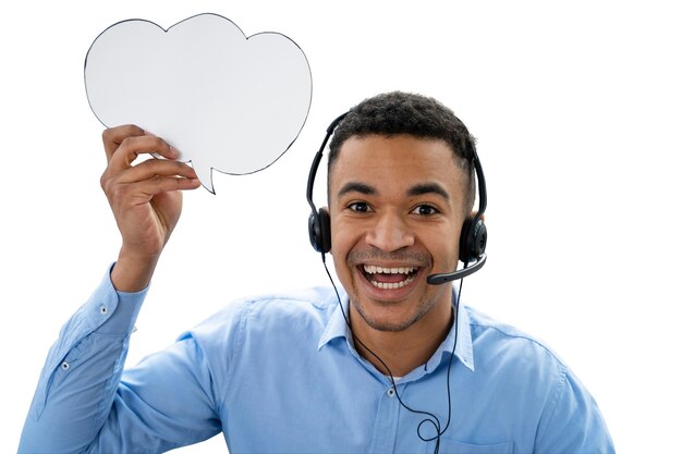 Medium shot man working at call center