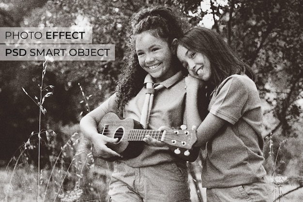 Medium shot smiley girls with guitar outdoors