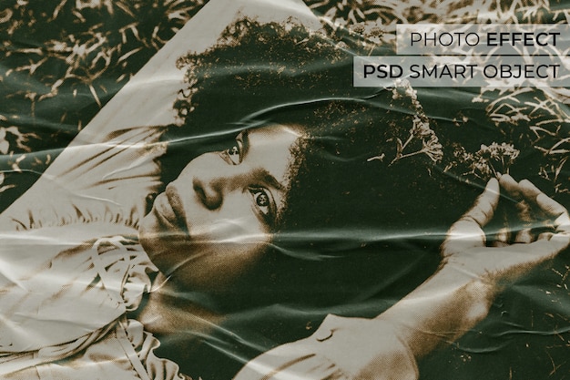 Free PSD medium shot woman posing glued half tone effect