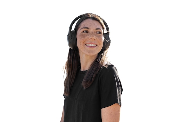 Medium shot woman wearing headphones