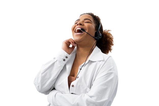 Free PSD medium shot woman working at call center